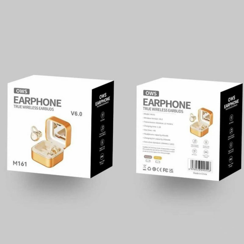 Golden Mirror Box OWS Open Ear Clip Bluetooth Earbuds, Fashion Cosmetic Mirror Wireless Earphones