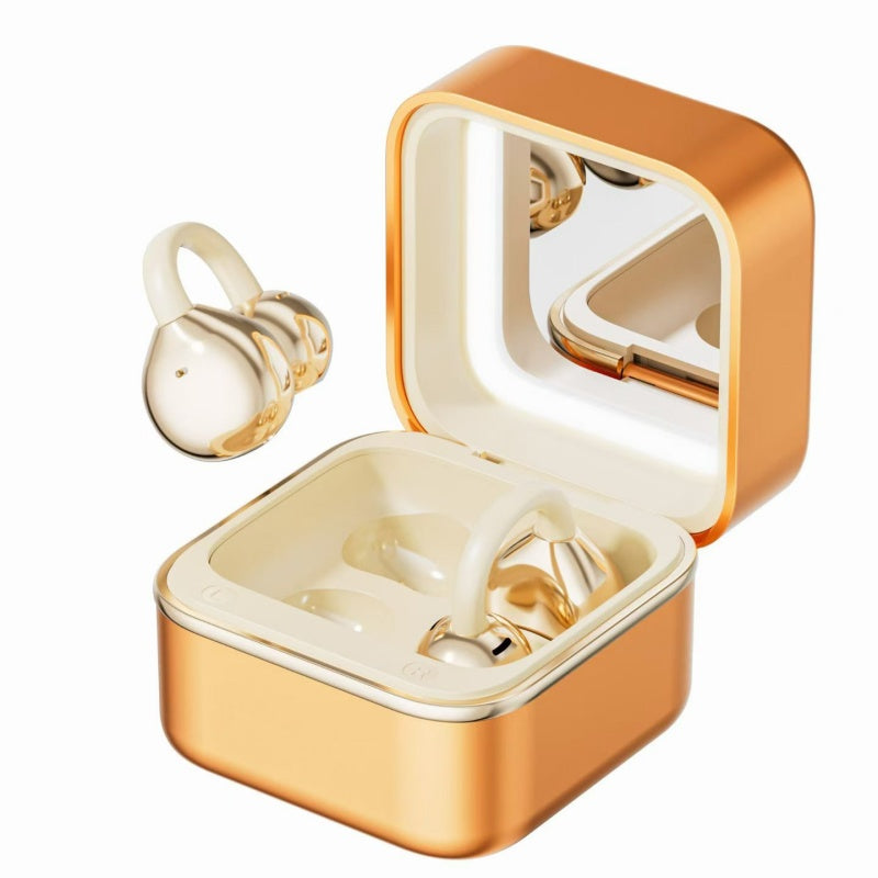 Golden Mirror Box OWS Open Ear Clip Bluetooth Earbuds, Fashion Cosmetic Mirror Wireless Earphones