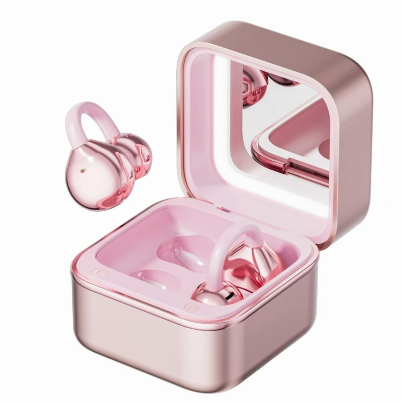 Golden Mirror Box OWS Open Ear Clip Bluetooth Earbuds, Fashion Cosmetic Mirror Wireless Earphones