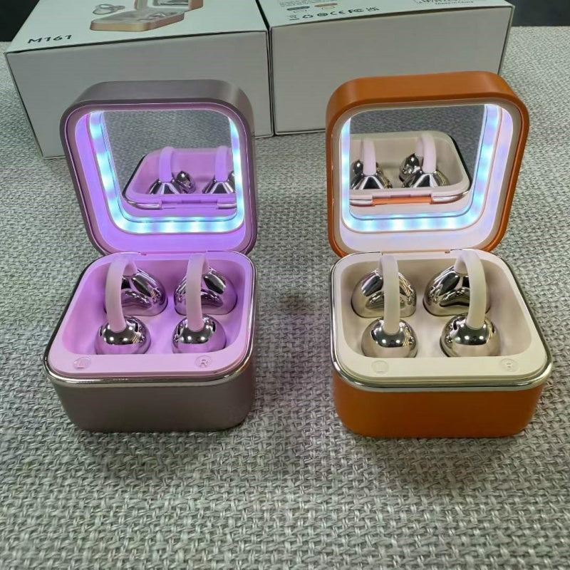 Golden Mirror Box OWS Open Ear Clip Bluetooth Earbuds, Fashion Cosmetic Mirror Wireless Earphones