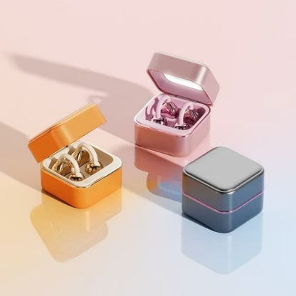 Golden Mirror Box OWS Open Ear Clip Bluetooth Earbuds, Fashion Cosmetic Mirror Wireless Earphones