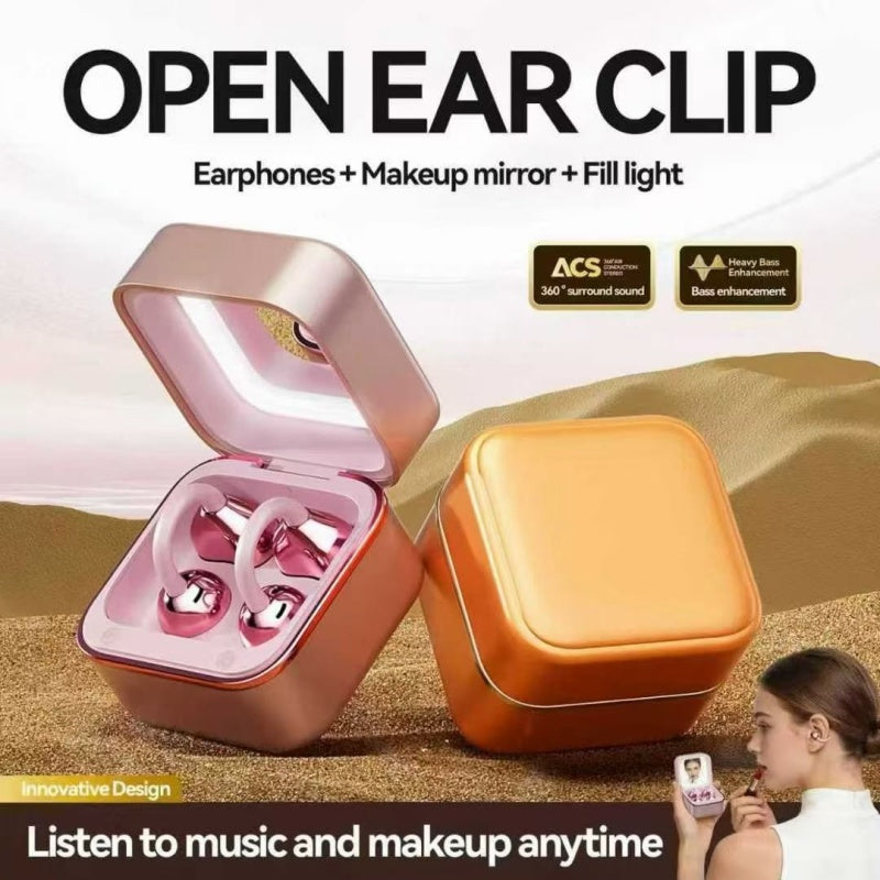 Golden Mirror Box OWS Open Ear Clip Bluetooth Earbuds, Fashion Cosmetic Mirror Wireless Earphones
