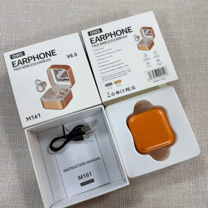 Golden Mirror Box OWS Open Ear Clip Bluetooth Earbuds, Fashion Cosmetic Mirror Wireless Earphones