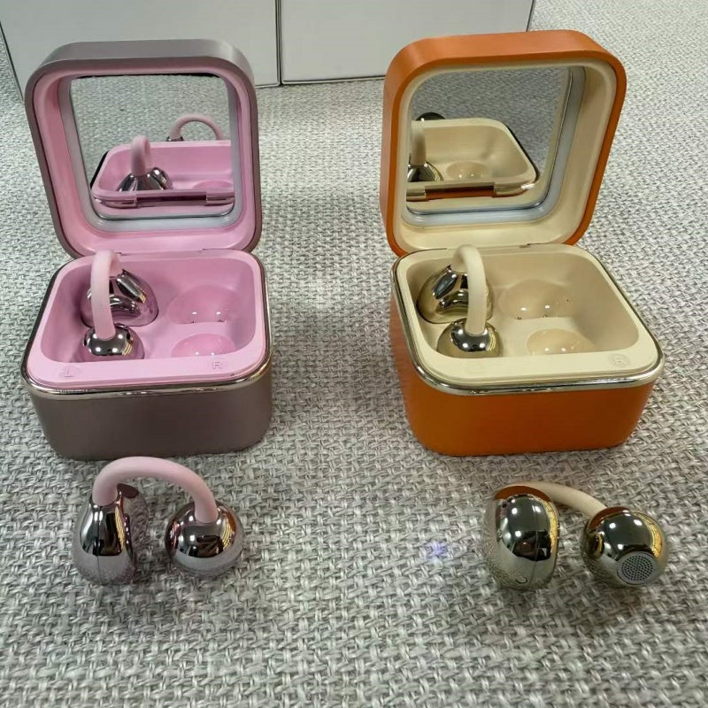 Golden Mirror Box OWS Open Ear Clip Bluetooth Earbuds, Fashion Cosmetic Mirror Wireless Earphones