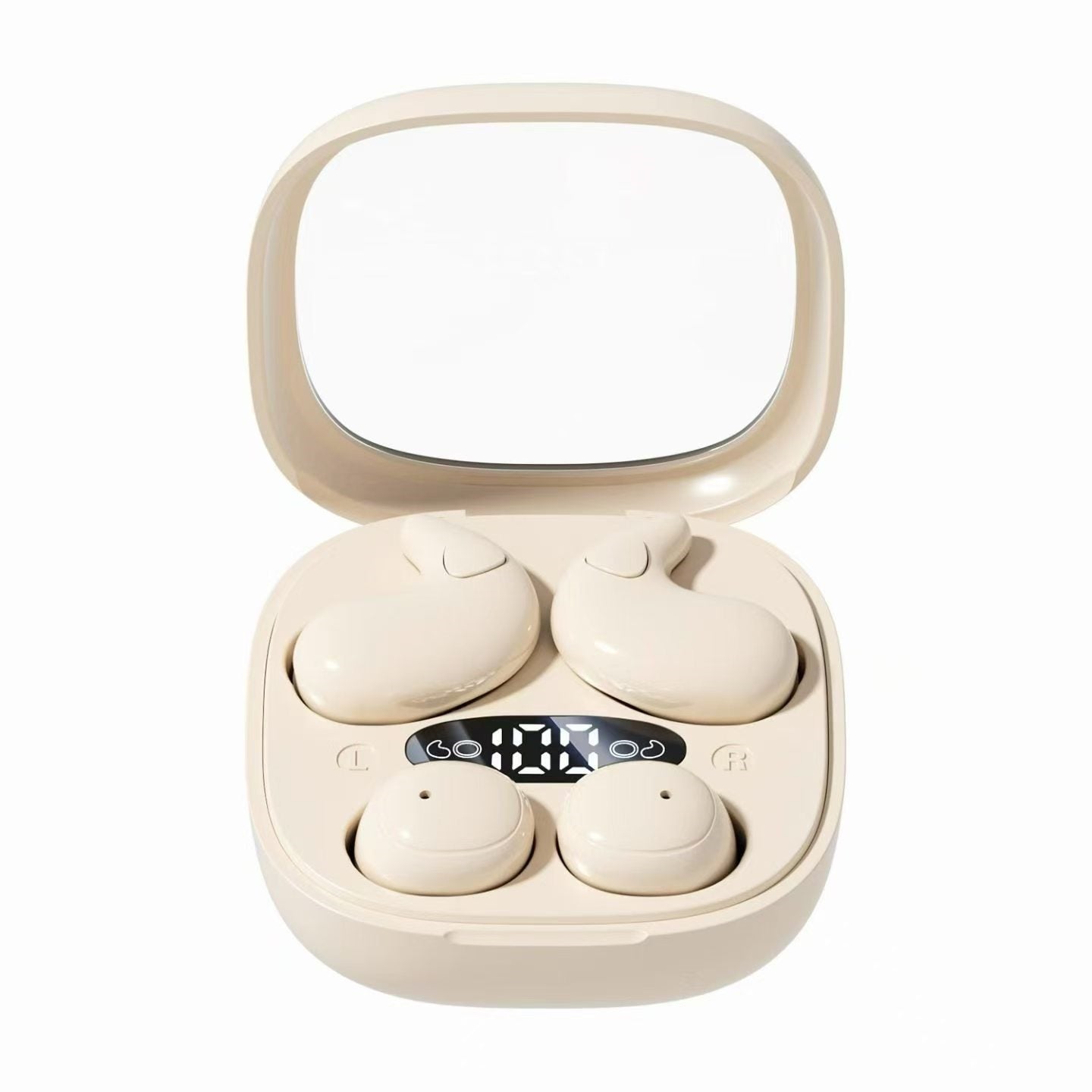 2-in-1 Dual Style TWS Earbuds Sleep Mini Earphones & Ear Clip Headphones With Makeup Mirror Digital Display Charging Case