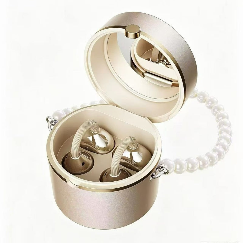 Luxury Pearl Chain Open Ear Bluetooth Earbuds with Mirror Charging Case