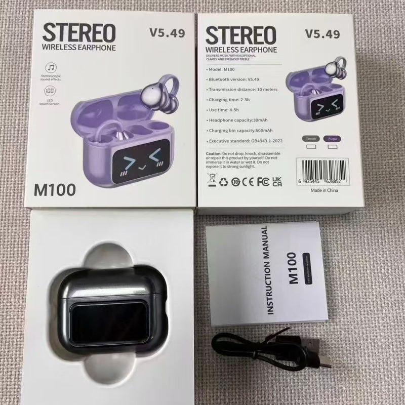Cute LED Screen Open Ear Clip Bluetooth Earphones, Lightweight Clip-On Sports Wireless Earbuds