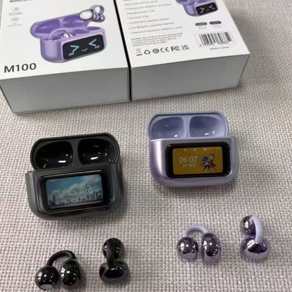 Cute LED Screen Open Ear Clip Bluetooth Earphones, Lightweight Clip-On Sports Wireless Earbuds