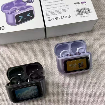 Cute LED Screen Open Ear Clip Bluetooth Earphones, Lightweight Clip-On Sports Wireless Earbuds