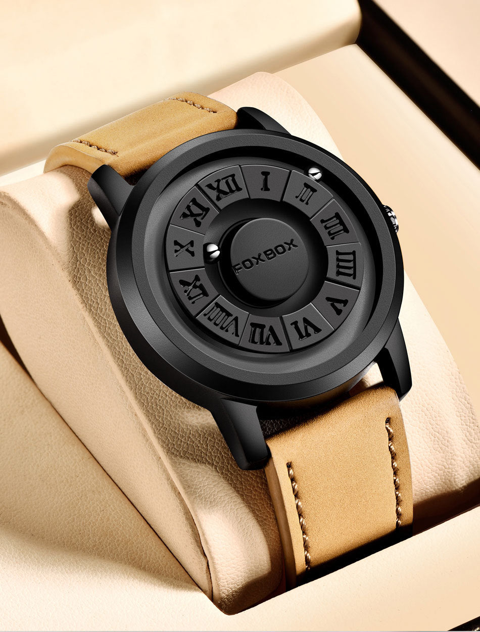 Fashion Scrolling Dial Leather Steel Band Mens Minimalist Watch