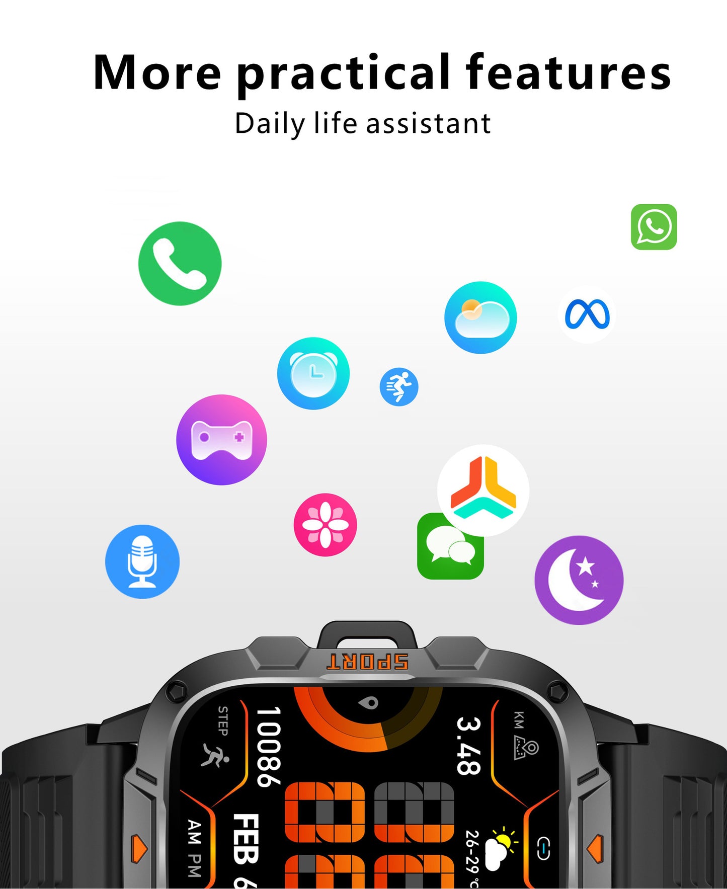 Square Military Smart Watch With Wireless Call & Emergency SOS Function