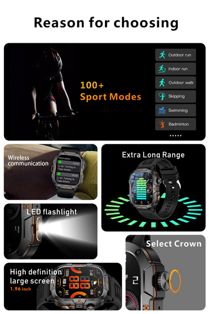 Square Military Smart Watch With Wireless Call & Emergency SOS Function