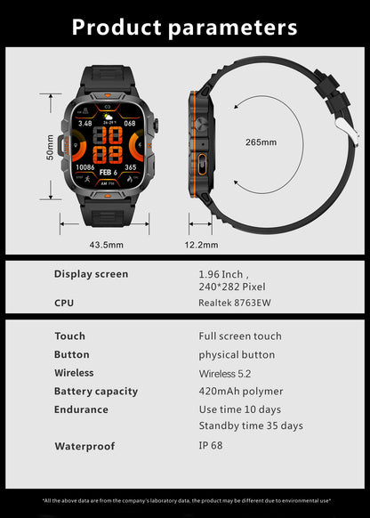 Square Military Smart Watch With Wireless Call & Emergency SOS Function