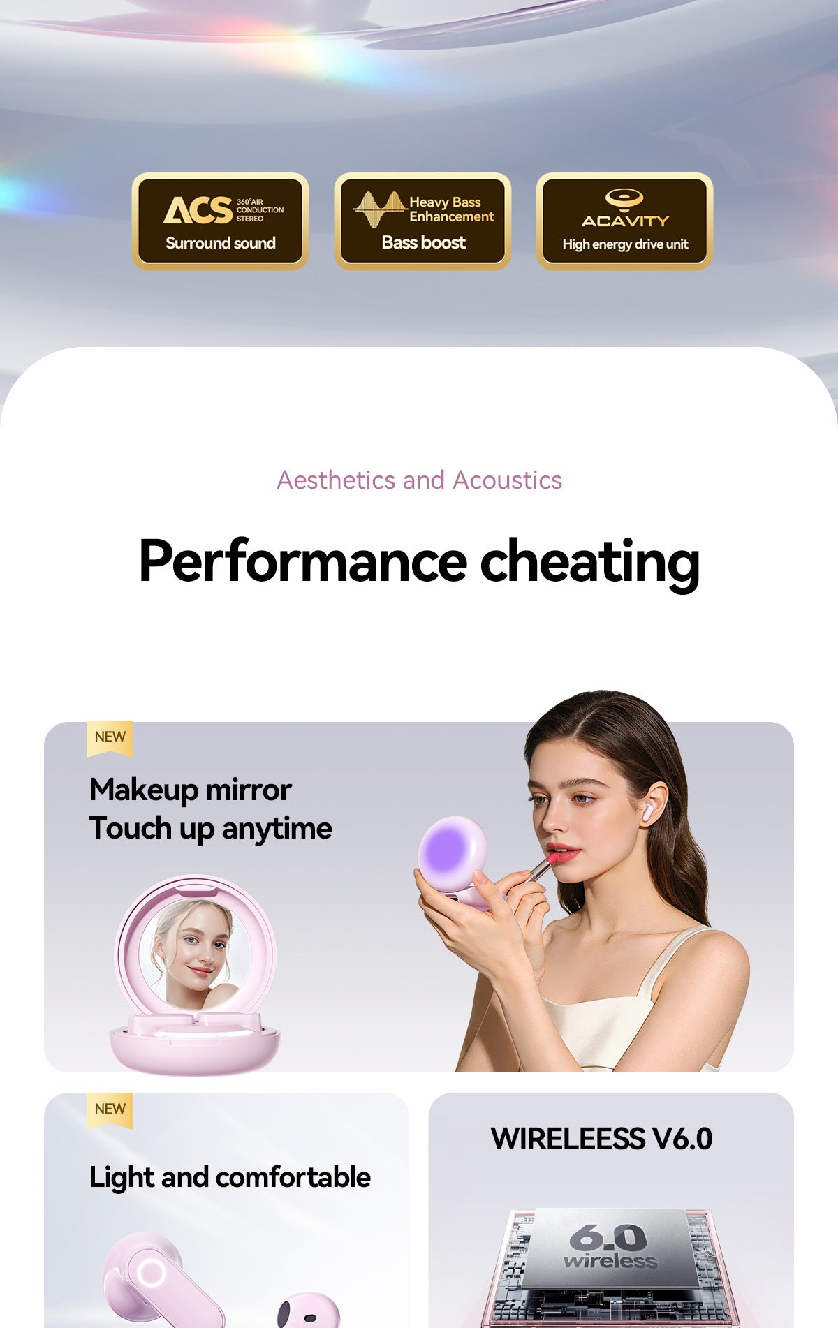 Makeup Mirror Bluetooth Earbuds | Large Sound Field Comfort Wireless Headphones