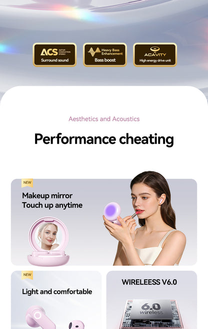 Makeup Mirror Bluetooth Earbuds | Large Sound Field Comfort Wireless Headphones