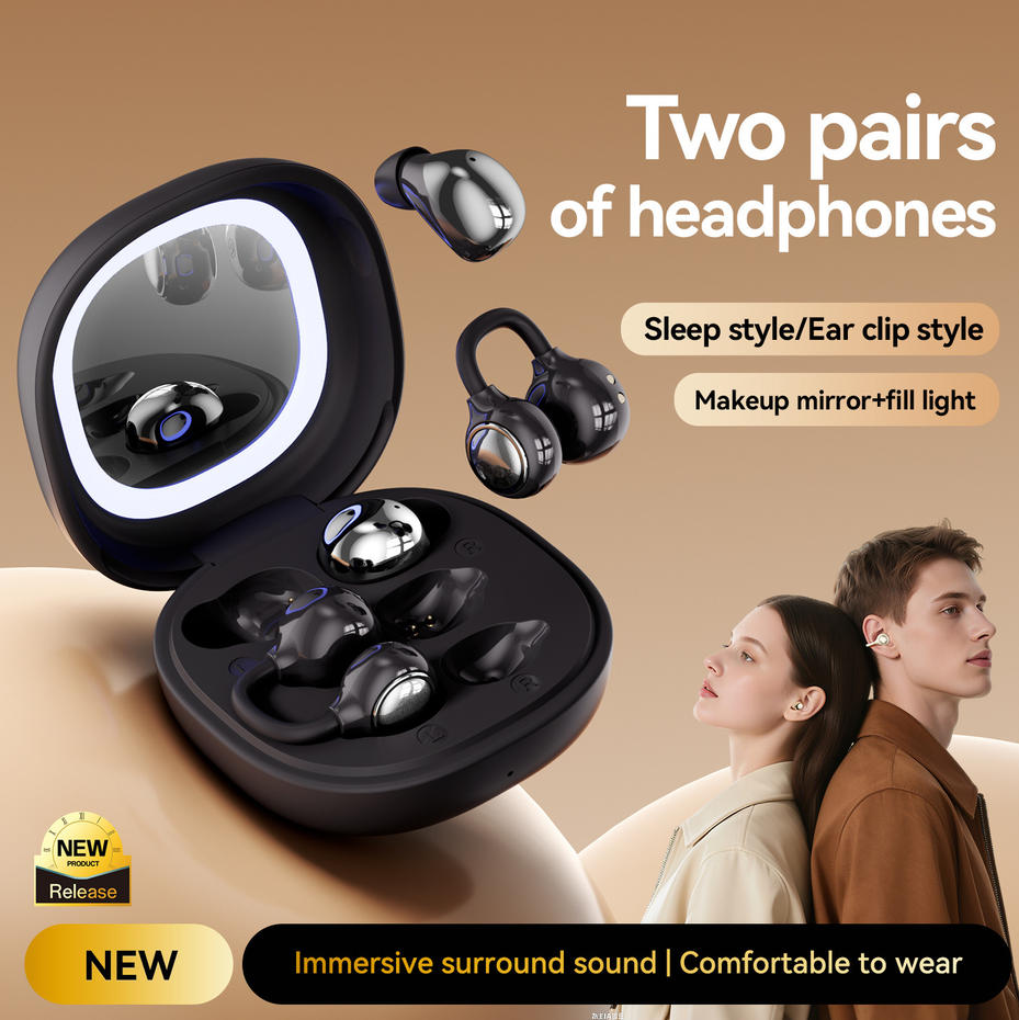 Dual Style TWS Earbuds 2 Pairs Sleep In-Ear & Ear Clip Bluetooth Headphones With Makeup Mirror Fill Light