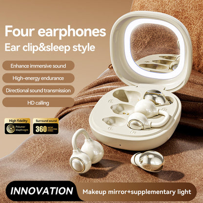 Dual Style TWS Earbuds 2 Pairs Sleep In-Ear & Ear Clip Bluetooth Headphones With Makeup Mirror Fill Light