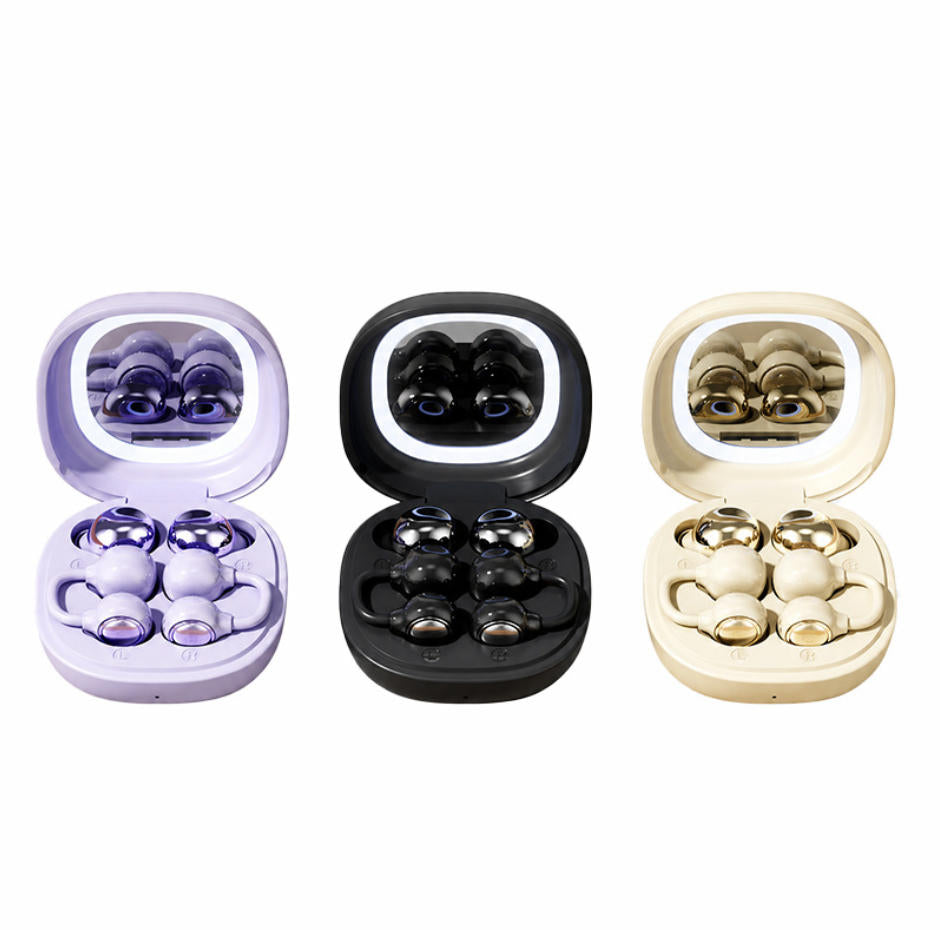 Dual Style TWS Earbuds 2 Pairs Sleep In-Ear & Ear Clip Bluetooth Headphones With Makeup Mirror Fill Light
