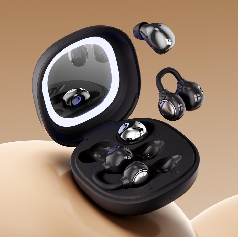Dual Style TWS Earbuds 2 Pairs Sleep In-Ear & Ear Clip Bluetooth Headphones With Makeup Mirror Fill Light