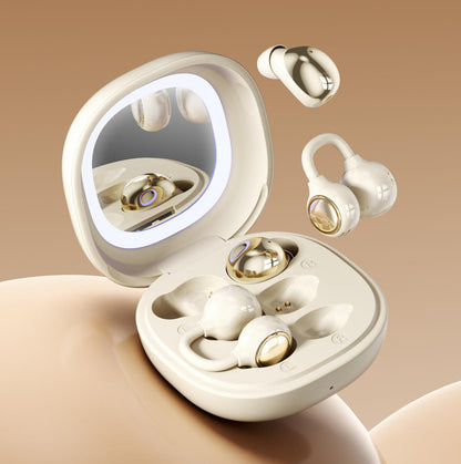 Dual Style TWS Earbuds 2 Pairs Sleep In-Ear & Ear Clip Bluetooth Headphones With Makeup Mirror Fill Light