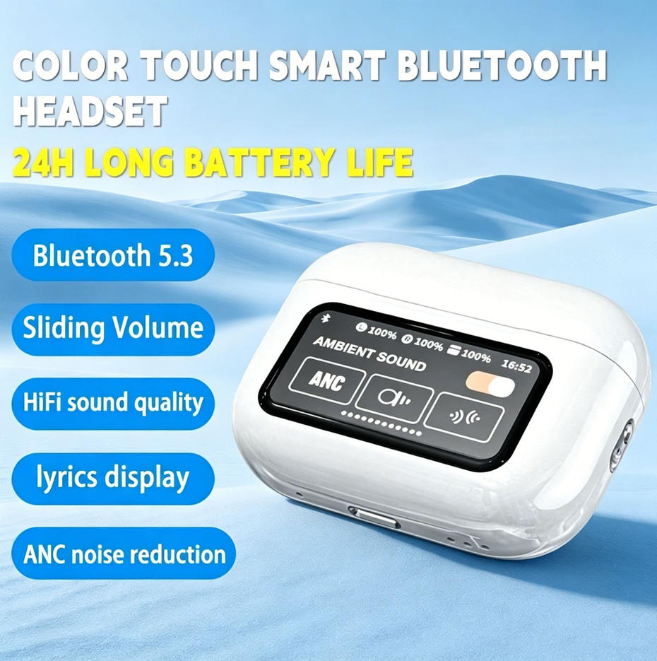 Color Touch Screen ANC Bluetooth Earbuds, Smart Touch Control TWS Wireless Headphones with Lyrics Display