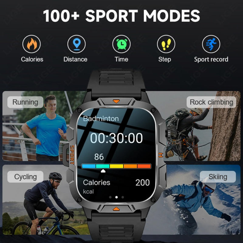 Square Military Smart Watch With Wireless Call & Emergency SOS Function