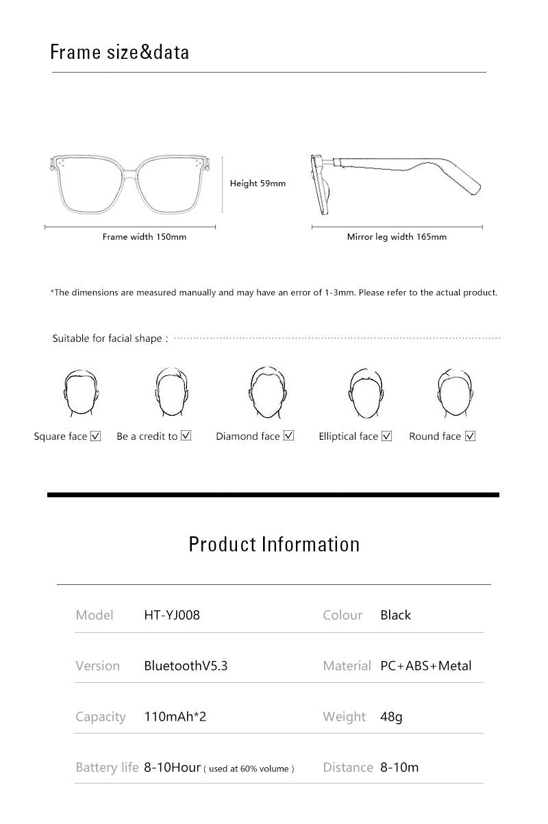 Smart Bluetooth Audio Sunglasses Square Polarized UV Protection Shades