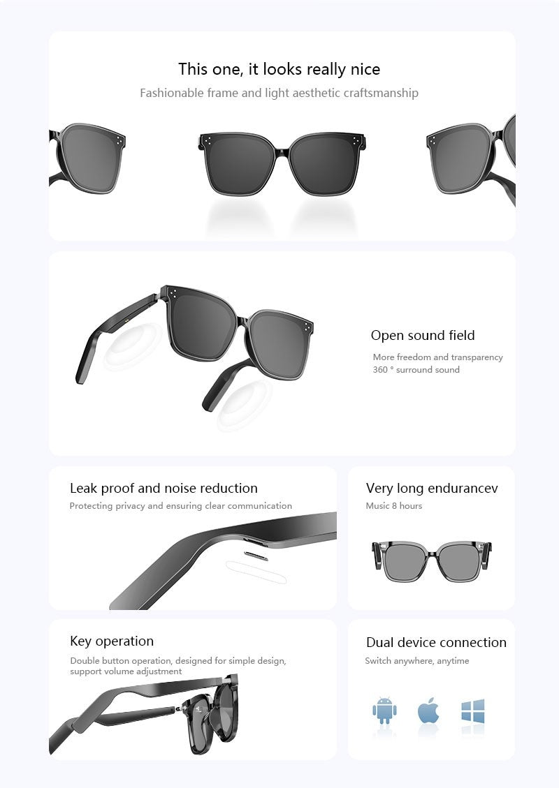 Smart Bluetooth Audio Sunglasses Square Polarized UV Protection Shades