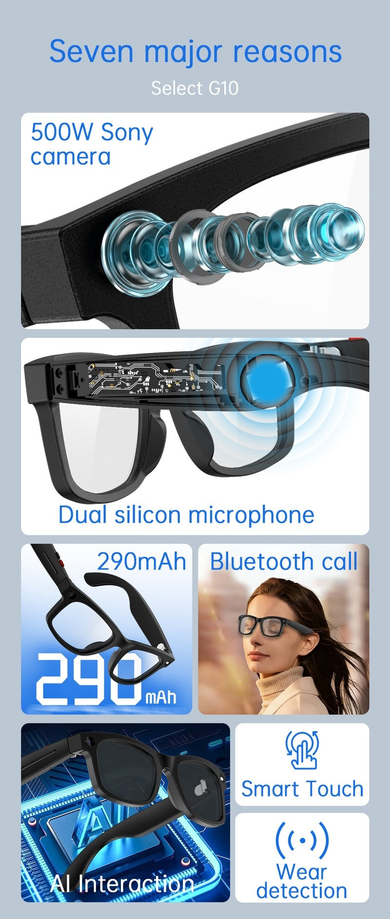 S2 Classic Square Smart Shooting Sunglasses, Hands-Free Video Record Bluetooth Audio AI Glasses