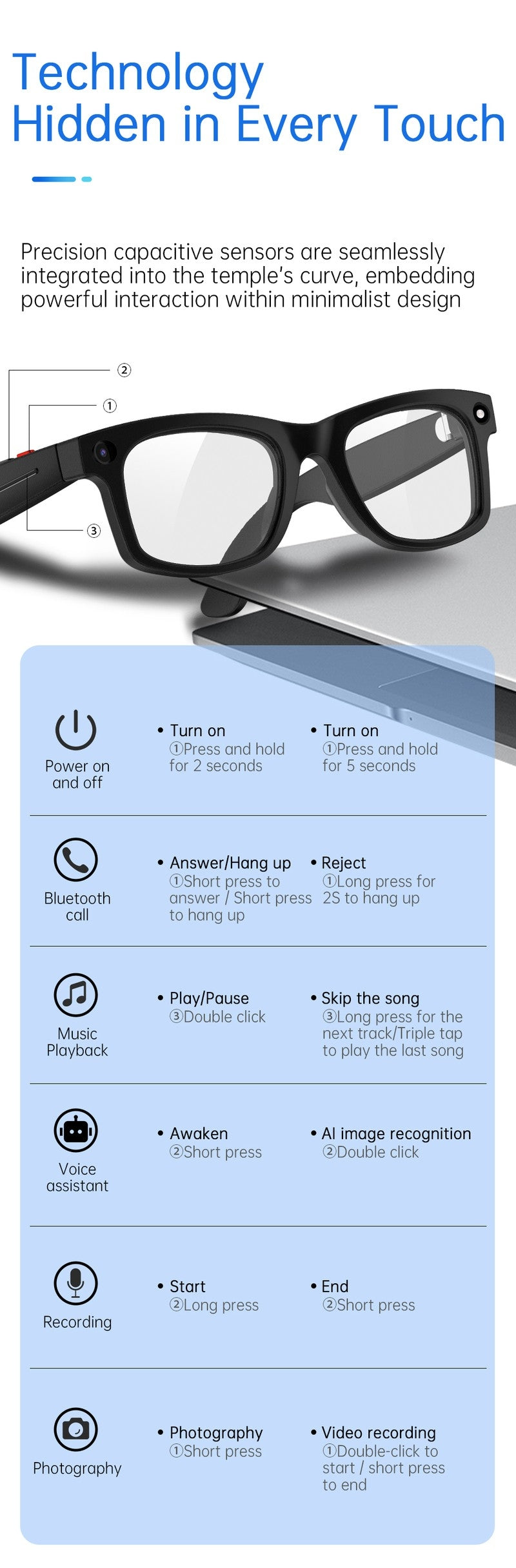 S2 Classic Square Smart Shooting Sunglasses, Hands-Free Video Record Bluetooth Audio AI Glasses