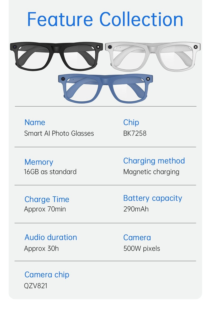 S2 Classic Square Smart Shooting Sunglasses, Hands-Free Video Record Bluetooth Audio AI Glasses